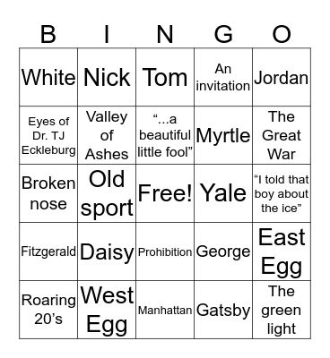 The Great Gatsby Bingo Card