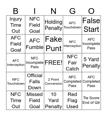 Nick and Donna Super Bowl Bingo Card