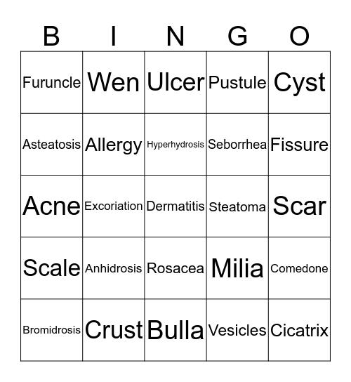 Skin Assessment Bingo Card