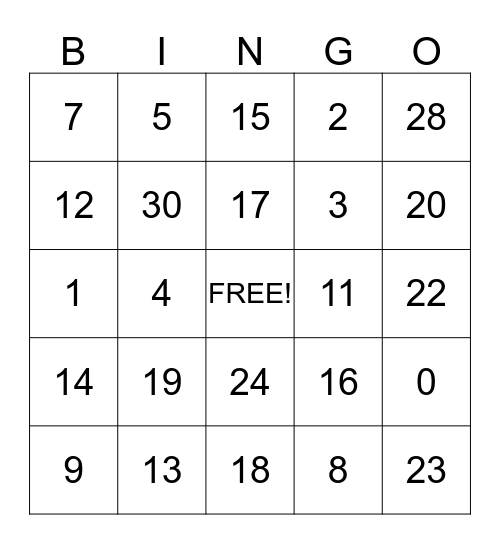 NUMBER BINGO Card