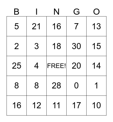 NUMBER BINGO Card
