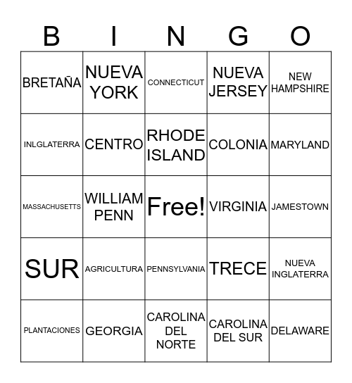 COLONIZACIÓN BRITÁNICA Bingo Card