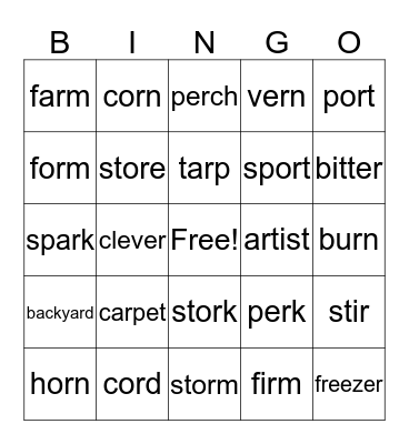 Ar, Er, Or Words Bingo Card