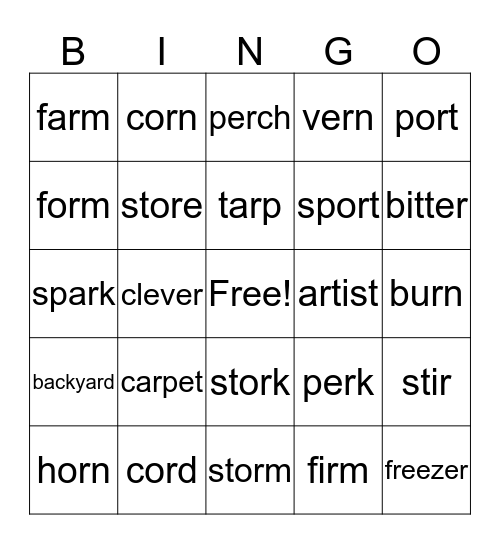 Ar, Er, Or Words Bingo Card