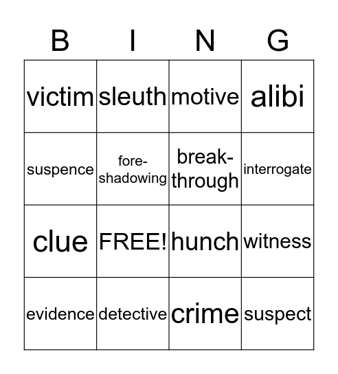 Mystery Vocabulary Bingo Card