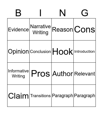 Vocabulary Bingo Card