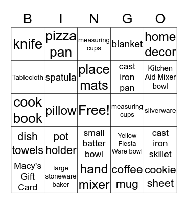 Wedding Shower Bingo Card