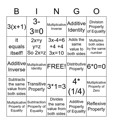 Algebra Properties Bingo! Bingo Card