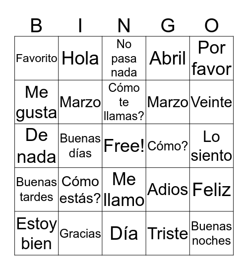 Español Bingo Card