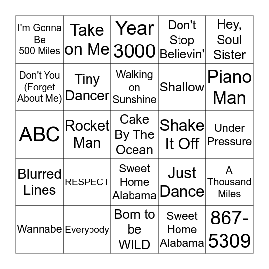 Road Trip Tunes Bingo Card