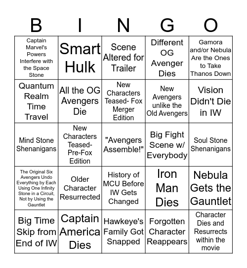 Avengers: Endgame Bingo Card