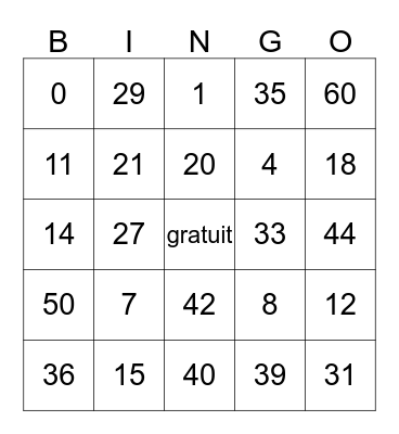 Les numeros Bingo Card