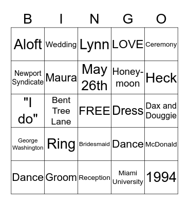 Maura's Bridal Shower Bingo Card