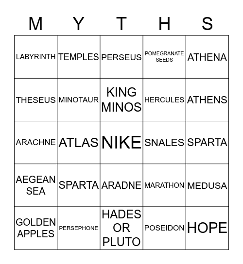 BEST GREEK MYTHS Bingo Card