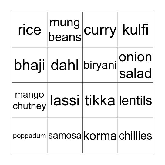 Indian Food Bingo Card