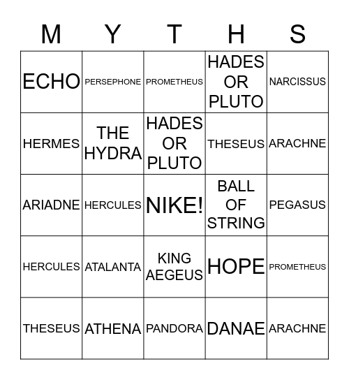 BEST GREEK MYTHS Bingo Card