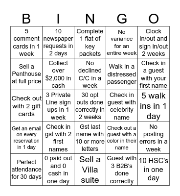 Front Desk Bingo Card