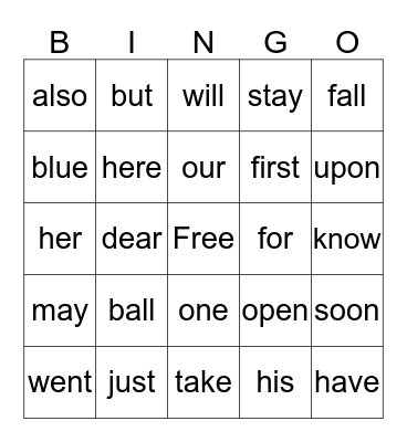 Word Wall Words Bingo Card