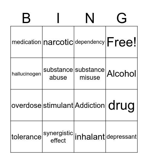 Substance Abuse and Misuse Bingo Card