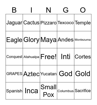 Pre-Columbian Bingo  Bingo Card