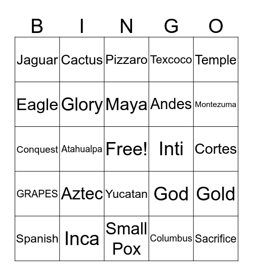 Pre-Columbian Bingo  Bingo Card