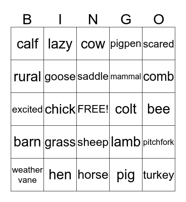 Farm Animals-Great and Small Bingo Card