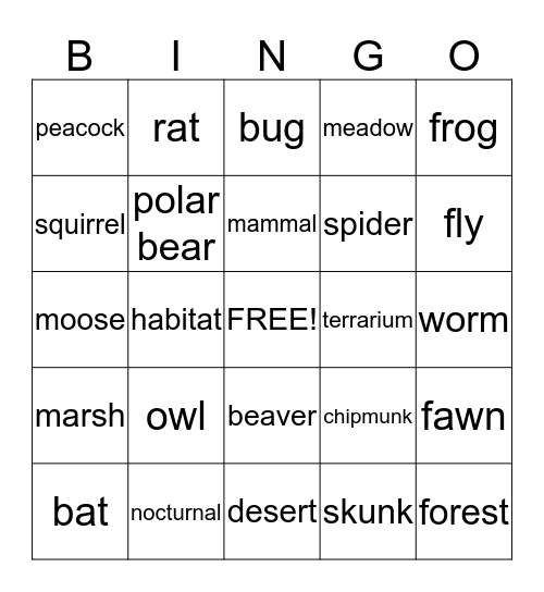 Critters and Creatures Bingo Card