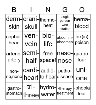 Medical Terminology Bingo Card