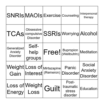 Depression and Anxiety Bingo Card