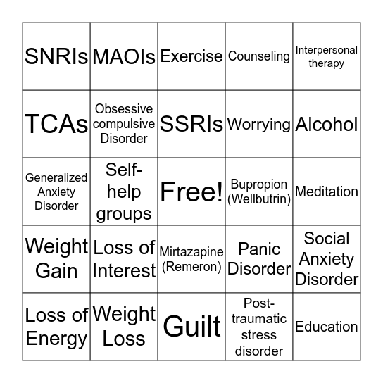 Depression and Anxiety Bingo Card