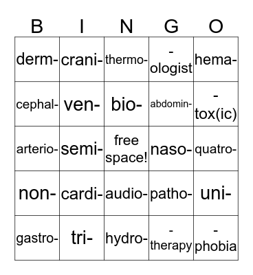 Medical Terminology Bingo Card