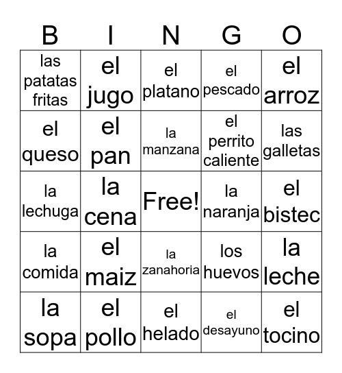 La Comida  Bingo Card