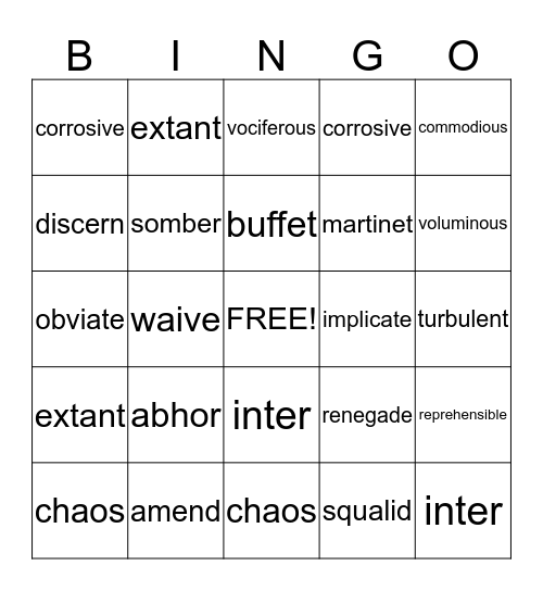 Vocabulary 7 Bingo Card