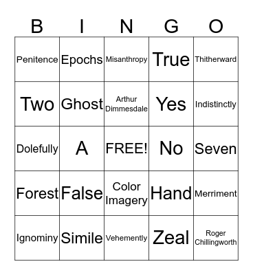 The Scarlet Letter: XVII - XIX Bingo Card