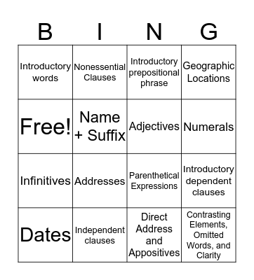 Commas Bingo Card