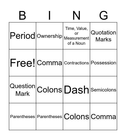 Punctuation & Apostrophes Bingo Card
