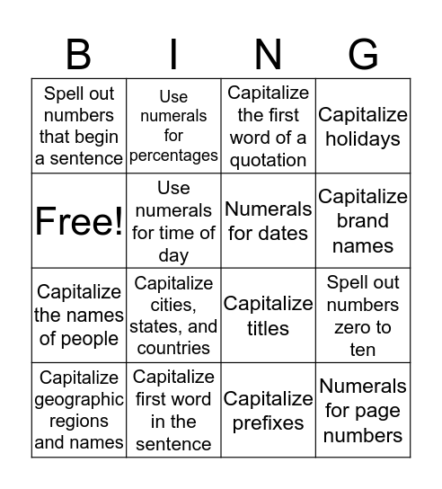 Number Use & Capitalization Bingo Card