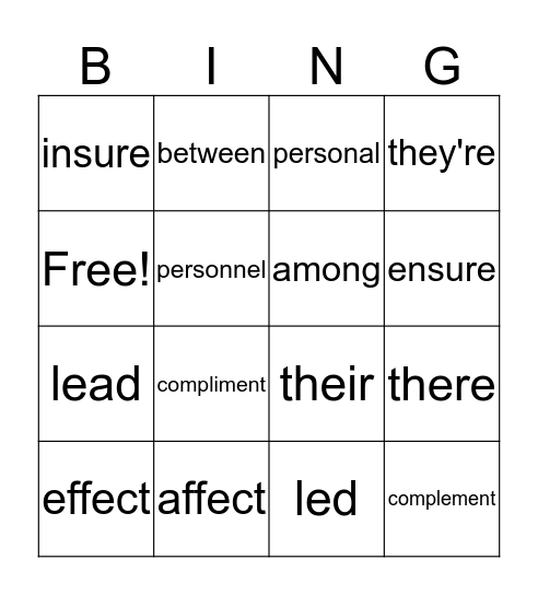 Word Choice Bingo Card