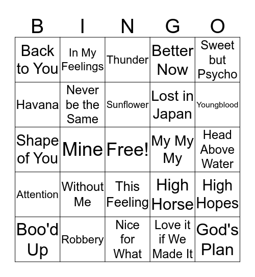 Music Songs Bingo Card