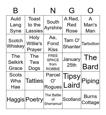 Robbie Burns Bingo Card