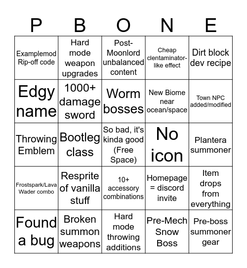 Terraria "Bad Mod" Bingo Card