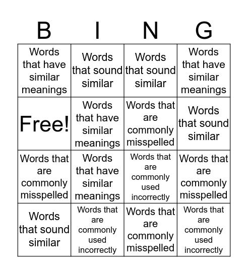Word Choice  Bingo Card