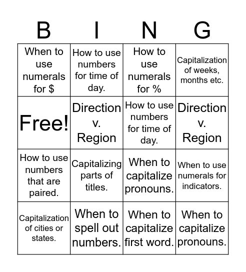 Number Use/Capitalization Bingo Card