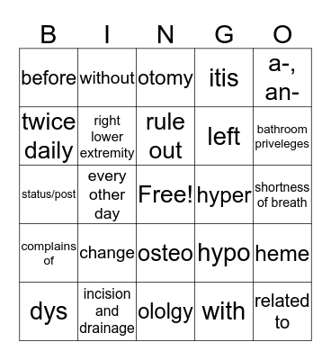 Medical Terminology Bingo Card