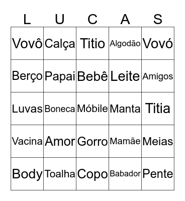 BINGO DO LUCAS Bingo Card
