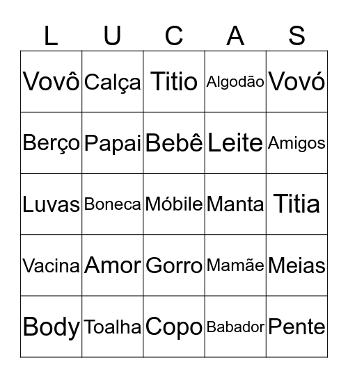BINGO DO LUCAS Bingo Card