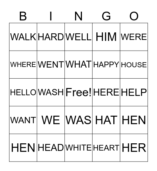 W and H BINGO Card