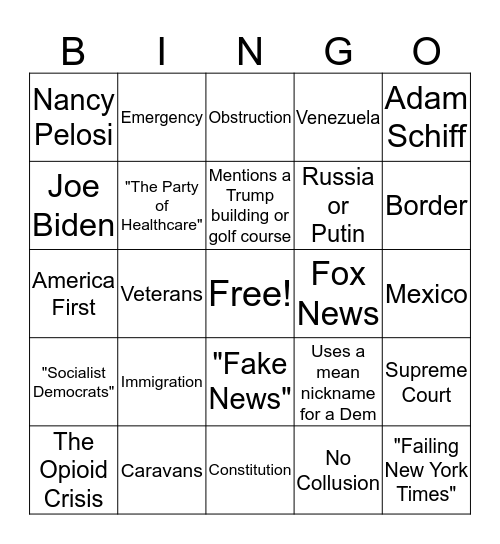 NRCC Trump Speech Bingo 2019! Bingo Card