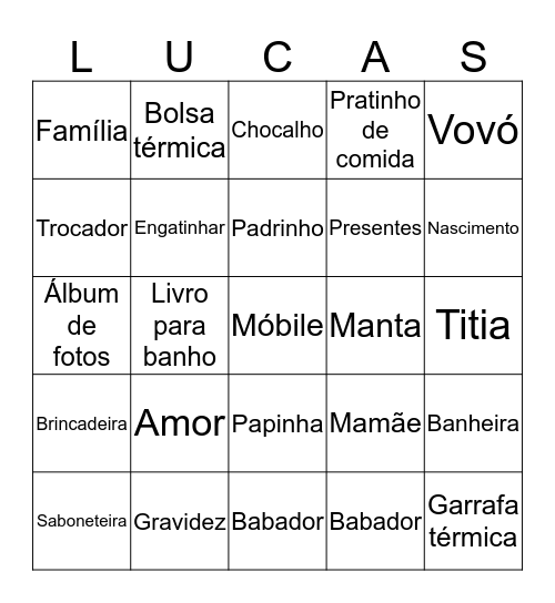 BINGO DO LUCAS Bingo Card