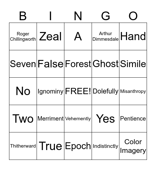 Scarlet Letter Bingo Card